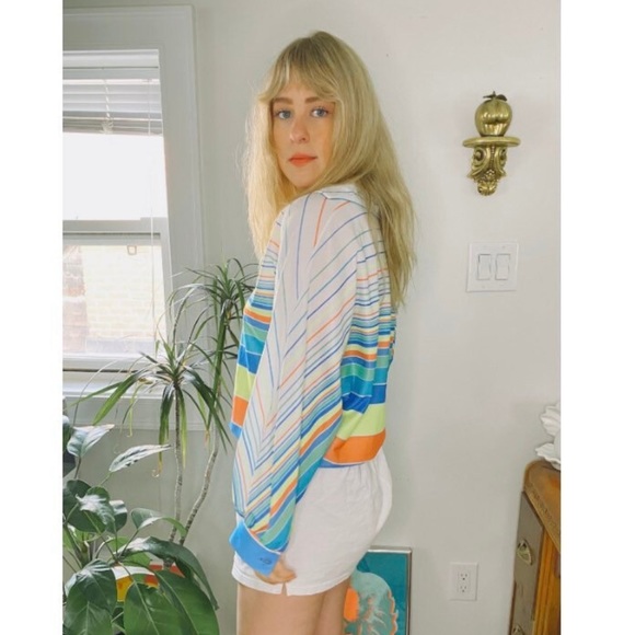 Vintage White Long Sleeved Blouse with Elastic Hem in Neon Stripes - Size Medium - Picture 3 of 9